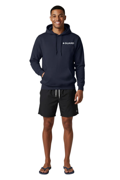 The Lifeguard Store Kiefer Guard hooded sweatshirt in navy blue, made of cotton-polyester blend with a pouch pocket and white GUARD logo on chest.