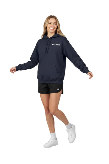 The Lifeguard Store Kiefer Guard hooded sweatshirt in navy blue, made of cotton-polyester blend with a white "+ GUARD" logo on the chest.