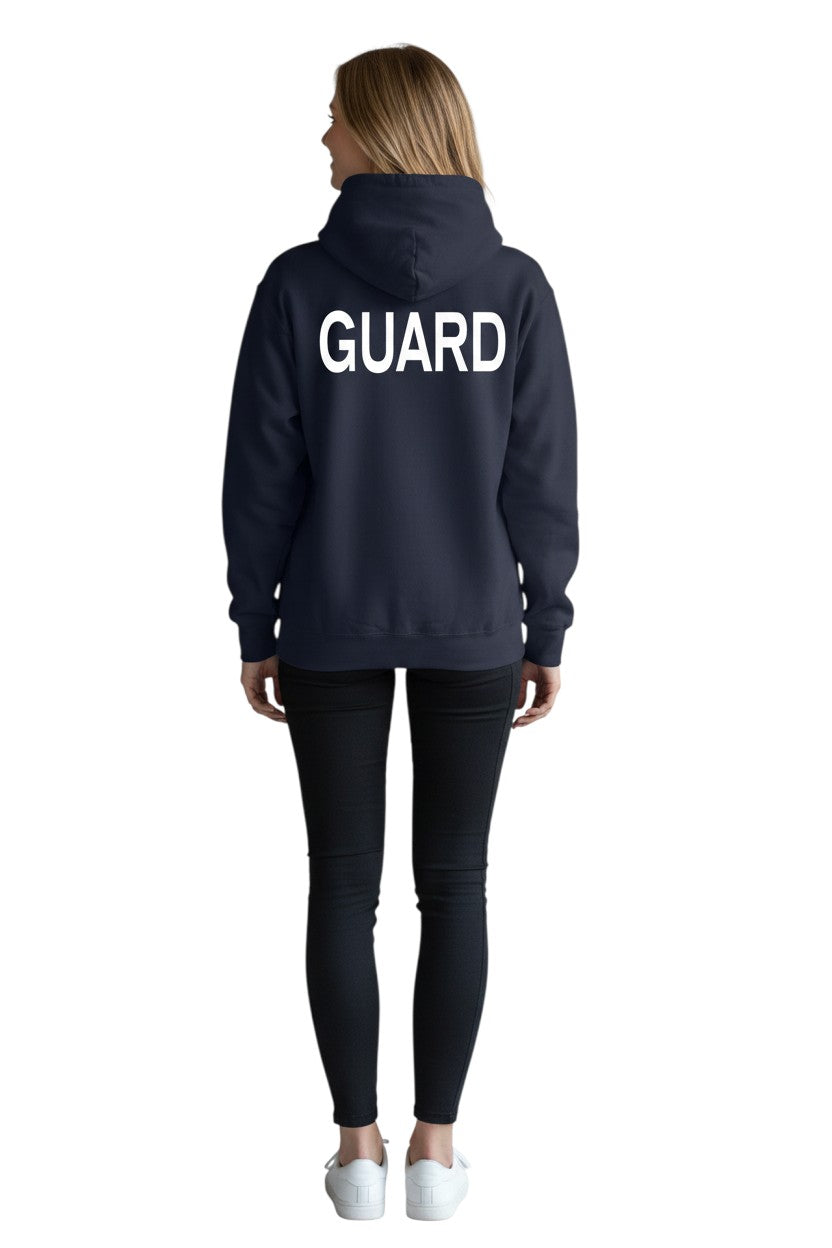 The Lifeguard Store Kiefer Guard hooded sweatshirt in navy blue with white GUARD logo on back. Cotton/polyester blend.