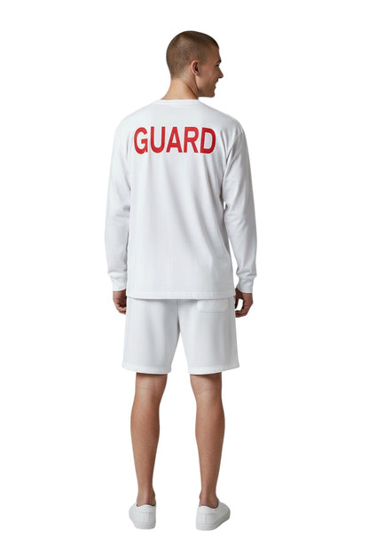 The Lifeguard Store Kiefer Long Sleeve Guard Tee in white 100% cotton jersey with red "GUARD" text on back.