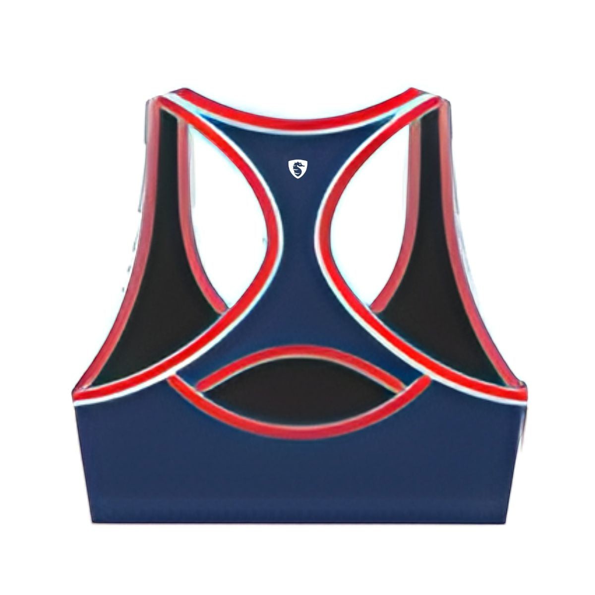 The Lifeguard Store Kiefer Guard Tricolor Racer Back Top in navy with red and white trim. Made of polyester and spandex.