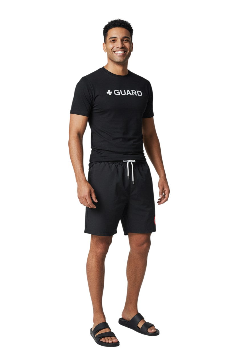 The Lifeguard Store Kiefer Guard short sleeve black rashguard with white + GUARD text. UPF50+ protection.