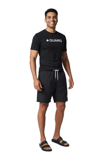 The Lifeguard Store Kiefer Guard short sleeve black rashguard with white + GUARD text. UPF50+ protection.