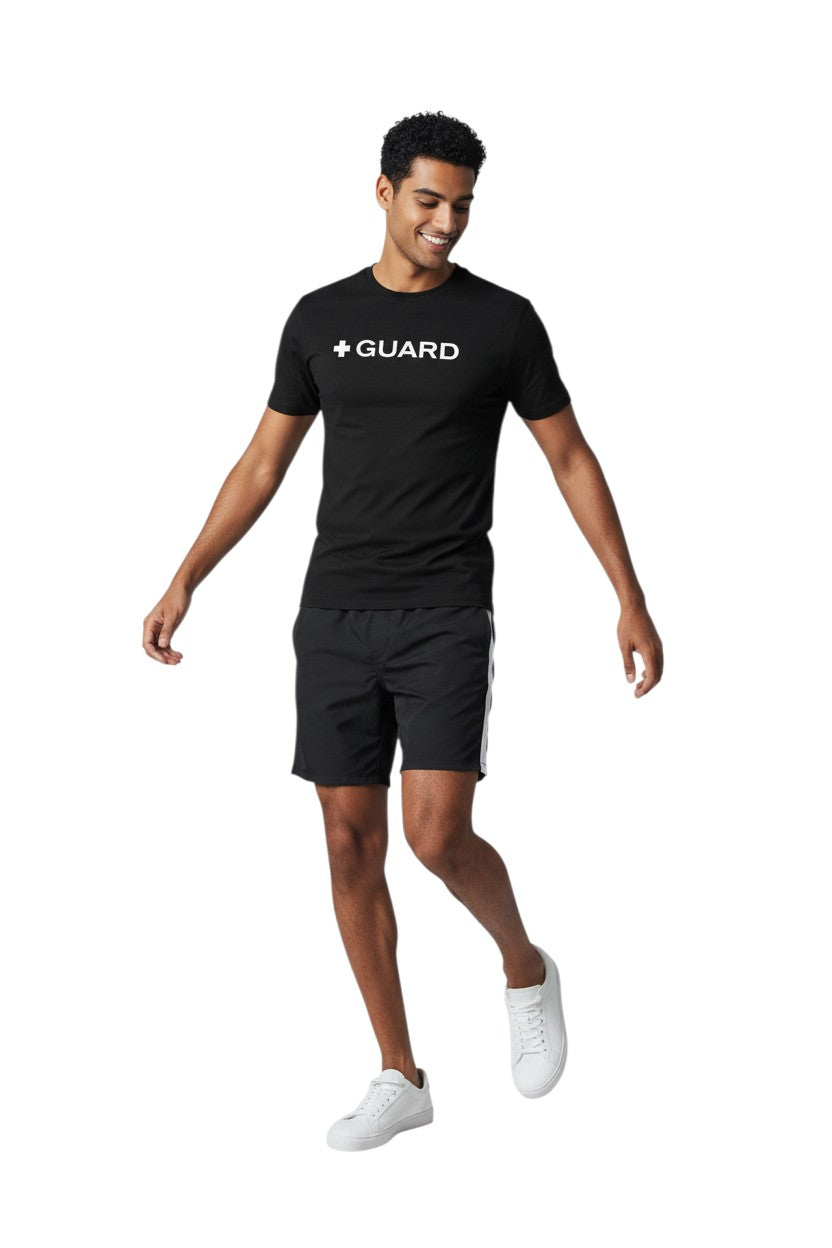 The Lifeguard Store Kiefer Guard short sleeve black rashguard with white + GUARD text on chest. UPF50+.