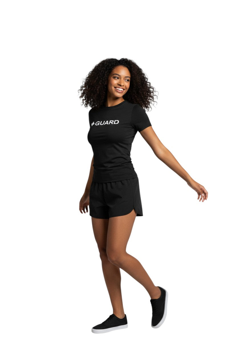 The Lifeguard Store Kiefer Guard black short sleeve crewneck rashguard with white + GUARD text. UPF50+ protection.