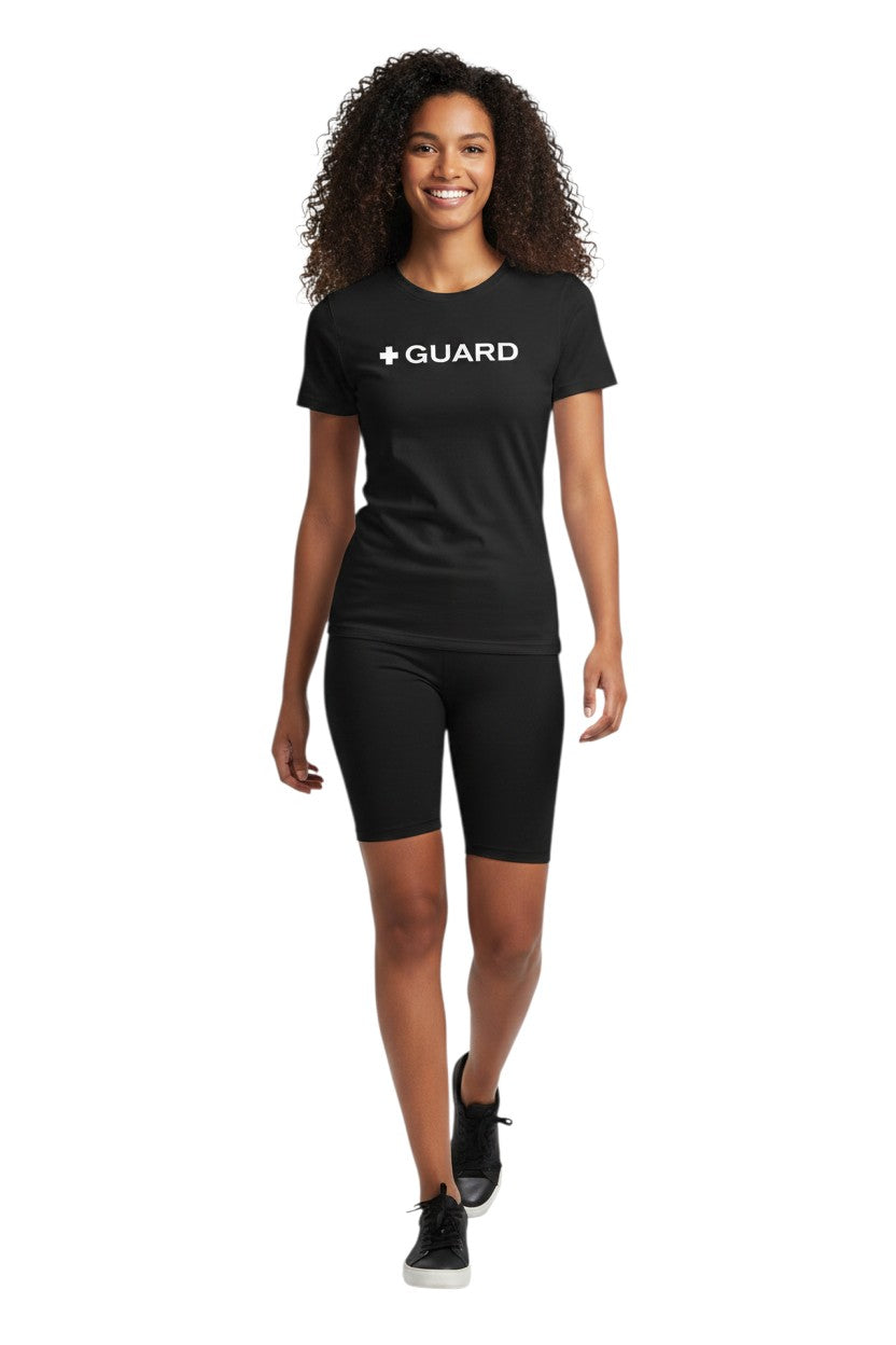 The Lifeguard Store Kiefer Guard short sleeve black rashguard with white + GUARD text on chest. UPF50+ protection.