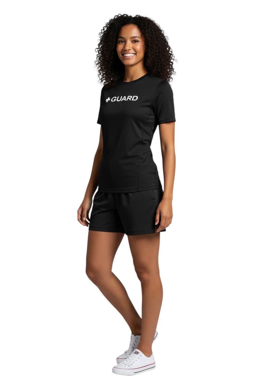 The Lifeguard Store Kiefer Guard black short sleeve crewneck rashguard with white + GUARD text. UPF50+ protection.