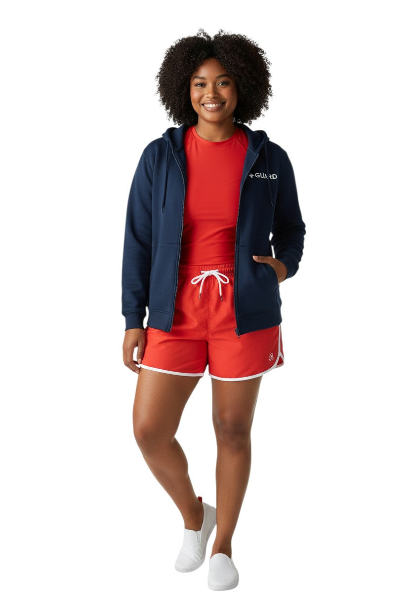 The Lifeguard Store Kiefer Guard Zip Hoodie in navy blue, made of cotton-polyester blend with a front GUARD logo and full zip.
