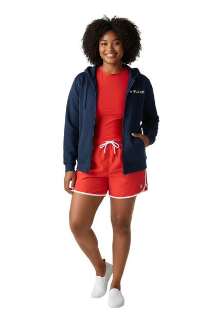 The Lifeguard Store Kiefer Guard Zip Hoodie in navy blue, made of cotton-polyester blend with a front GUARD logo and full zip.