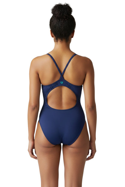 The Lifeguard Store Kiefer H-Back navy blue one-piece swimsuit made of recycled polyester with a cutout back and teal logo.