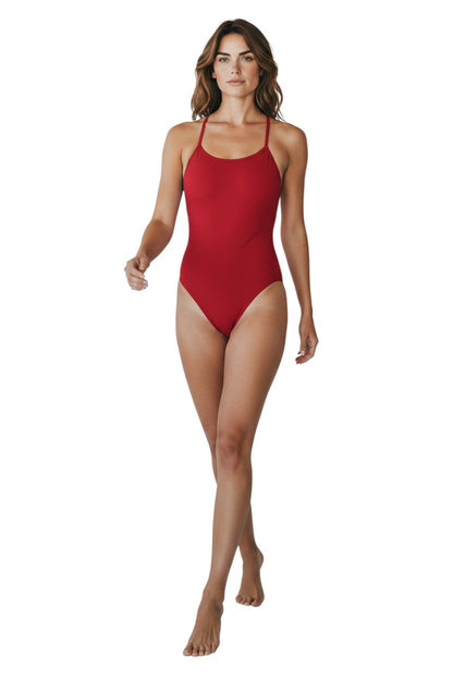 The Lifeguard Store Kiefer H-Back red one-piece swimsuit made from 100% recycled polyester with H-back straps.
