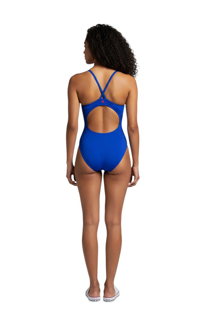 The Lifeguard Store Kiefer H-Back royal blue one-piece swimsuit with H-back straps and large cutout. Made of recycled polyester.