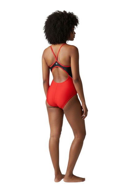 The Lifeguard Store Kiefer Solid H-Back Splice swimsuit in red and black. Features thin straps and a high-cut leg.