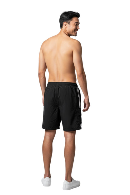 The Lifeguard Store Kiefer Instructor Board Shorts in black polyester with elastic waistband, drawstring, and cargo pocket. UPF30+.