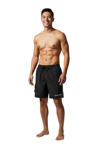 The Lifeguard Store Kiefer Instructor Board Shorts in black polyester with elastic waistband, drawstring, and cargo pocket. UPF30+ protection.