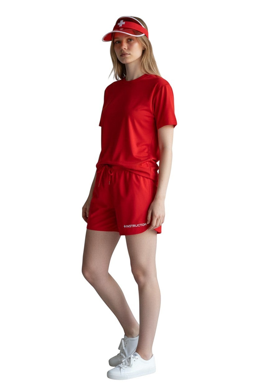 The Lifeguard Store Kiefer Instructor women's red polyester 5" shorts with drawstring and side vents.