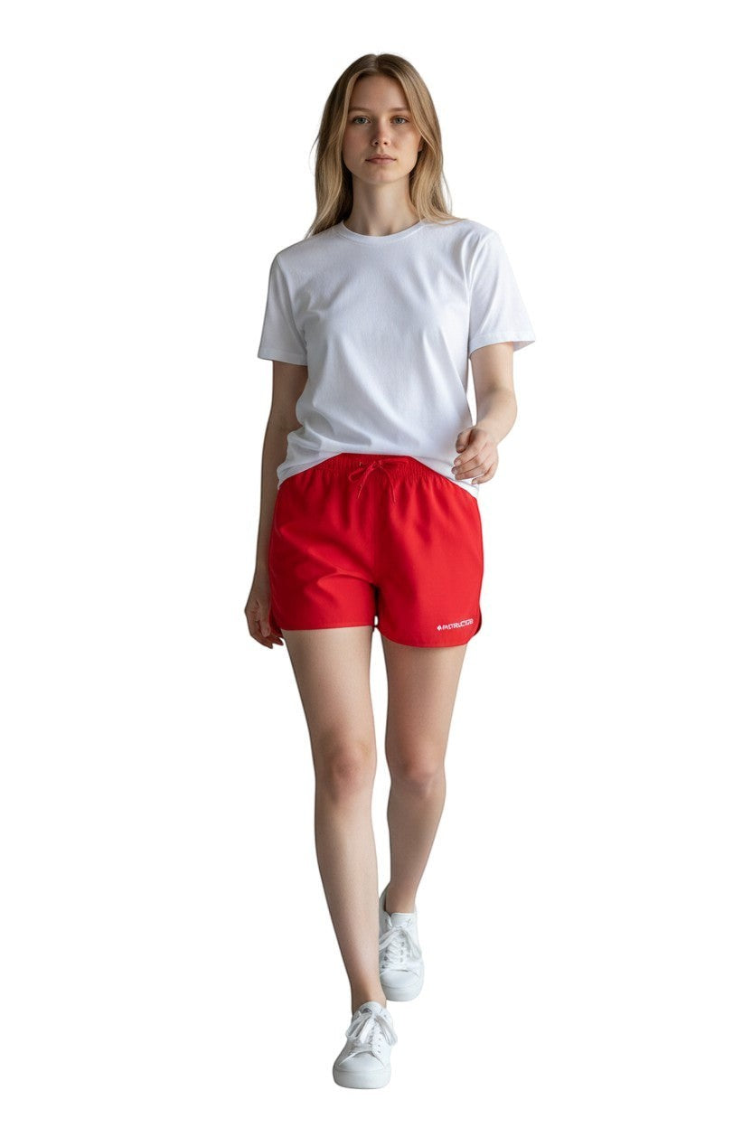 The Lifeguard Store Kiefer Instructor women's red polyester swim shorts with 5" inseam, drawstring waist, and side pockets.