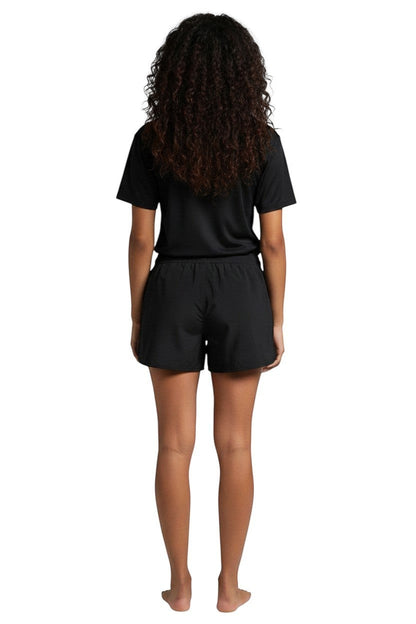The Lifeguard Store Kiefer Instructor women's black 5" polyester shorts with drawstring waist and logo detail.