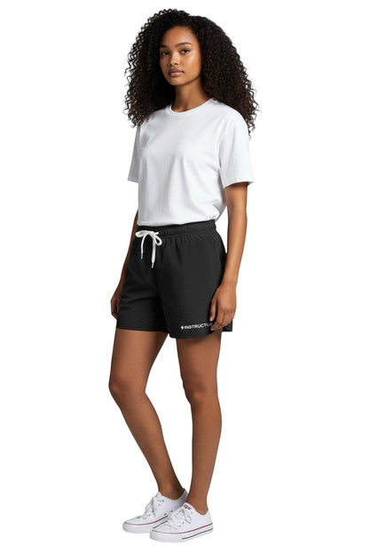 The Lifeguard Store Kiefer Instructor women's black 5" polyester shorts with drawstring waist and side vents.