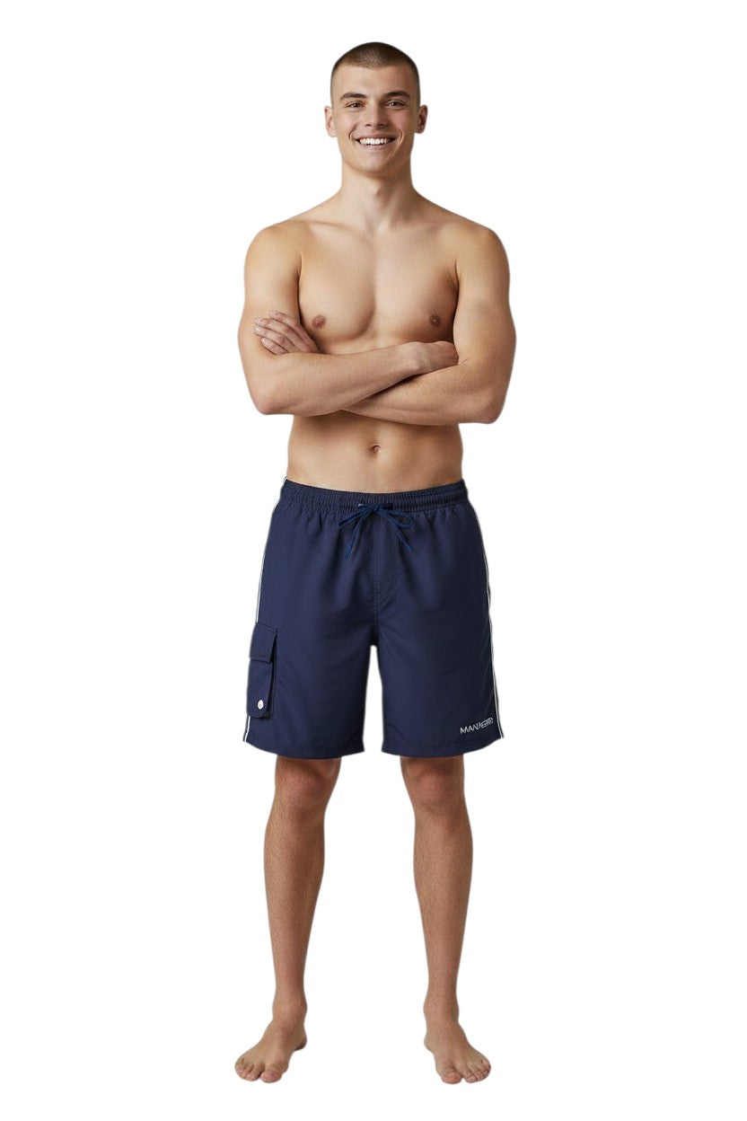 The Lifeguard Store Kiefer Manager Board Short in navy polyester with white side stripes and cargo pocket. Features elastic waistband and drawstring.