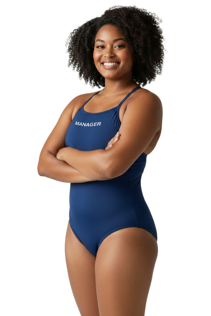 The Lifeguard Store Kiefer Manager H-Back navy blue one-piece swimsuit made of poly-stretch fabric with UPF50+ protection.