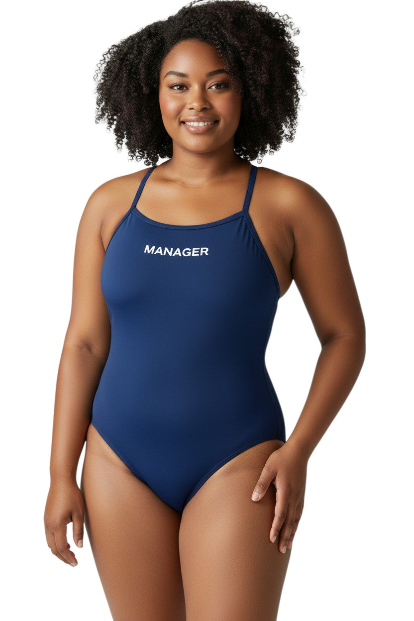 The Lifeguard Store Kiefer Manager H-Back navy blue one-piece swimsuit with thin straps and "MANAGER" logo.