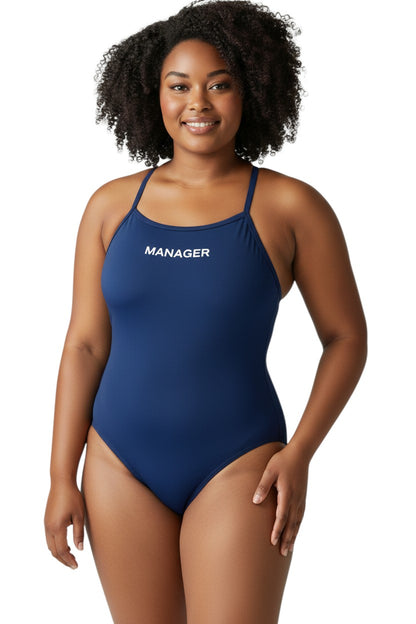 The Lifeguard Store Kiefer Manager H-Back navy blue one-piece swimsuit with thin straps and "MANAGER" logo.
