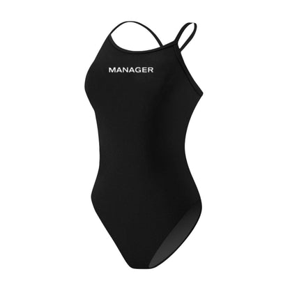 The Lifeguard Store Kiefer Manager H-Back One Piece Swimsuit in black, made of polyester and spandex blend. Features H-back straps and "MANAGER" text.