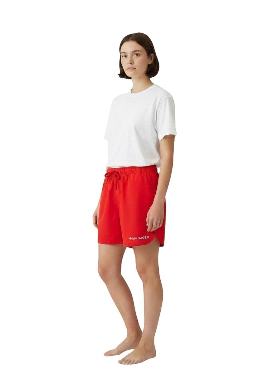 The Lifeguard Store Kiefer Manager women's red polyester 5" shorts with elastic waistband and drawstring. UPF 30+.