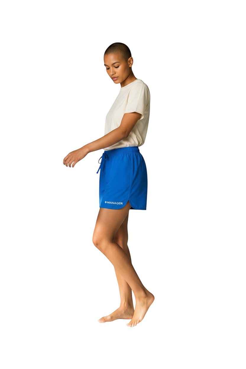 The Lifeguard Store Kiefer Manager women's 5" royal blue polyester shorts with drawstring and logo.