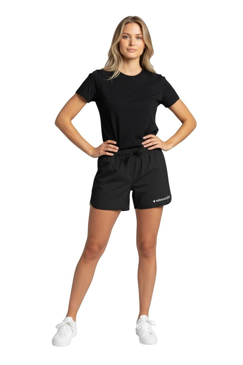 The Lifeguard Store Kiefer Manager Women's black 5" polyester shorts with elastic waistband and drawstring. UPF 30+.