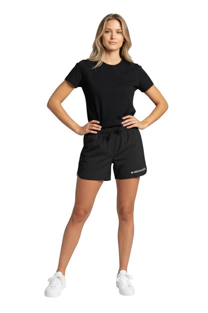 The Lifeguard Store Kiefer Manager Women's black 5" polyester shorts with elastic waistband and drawstring. UPF 30+.