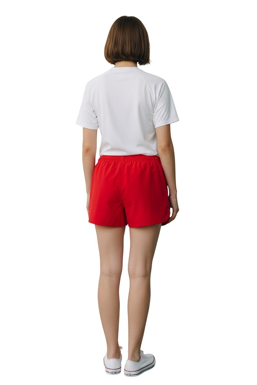 The Lifeguard Store Kiefer Manager Women's 5" red polyester shorts with elastic waistband and drawstring. Back view.