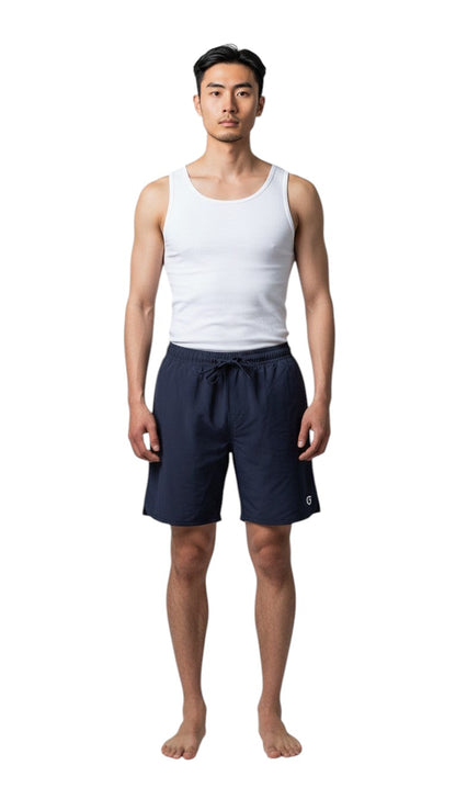 The Lifeguard Store Kiefer Men's 5" navy blue quick-dry polyester shorts with liner and drawstring.
