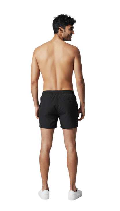 The Lifeguard Store Kiefer men's black 5" lined lifeguard shorts with elastic waistband and drawstring.