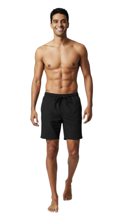 The Lifeguard Store Kiefer men's black 5" inseam lifeguard shorts with liner, elastic waistband, and drawstring.