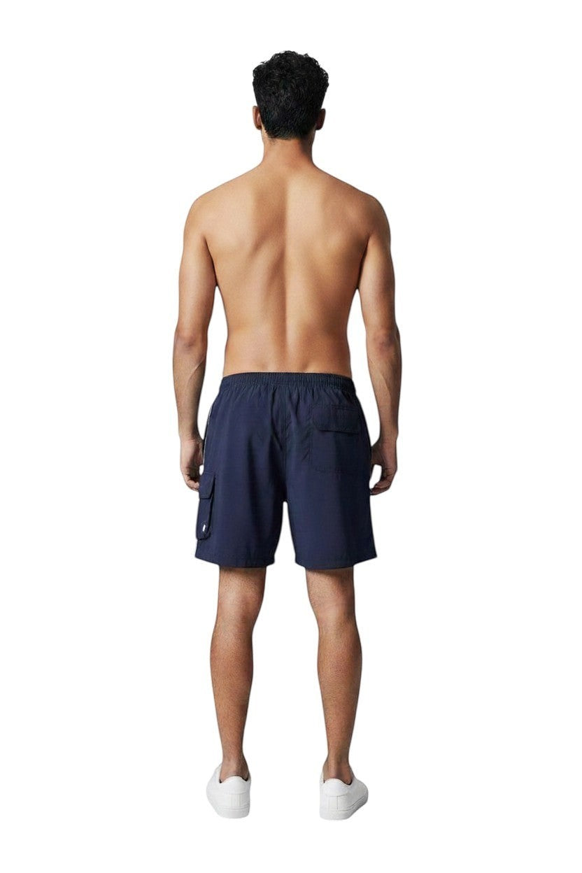 The Lifeguard Store Kiefer Men's navy blue board shorts with liner, cargo pocket, and 7" inseam.