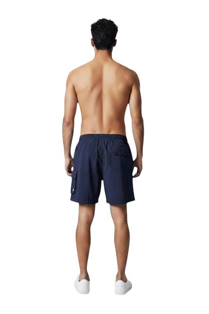The Lifeguard Store Kiefer Men's navy blue board shorts with liner, cargo pocket, and 7" inseam.