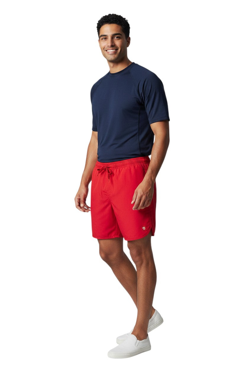 The Lifeguard Store Kiefer Men's Guard 5" red quick-dry swim shorts with elastic waistband and drawstring.