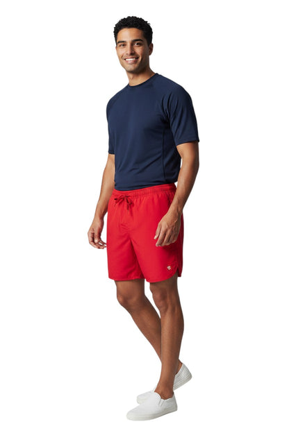 The Lifeguard Store Kiefer Men's Guard 5" red quick-dry swim shorts with elastic waistband and drawstring.