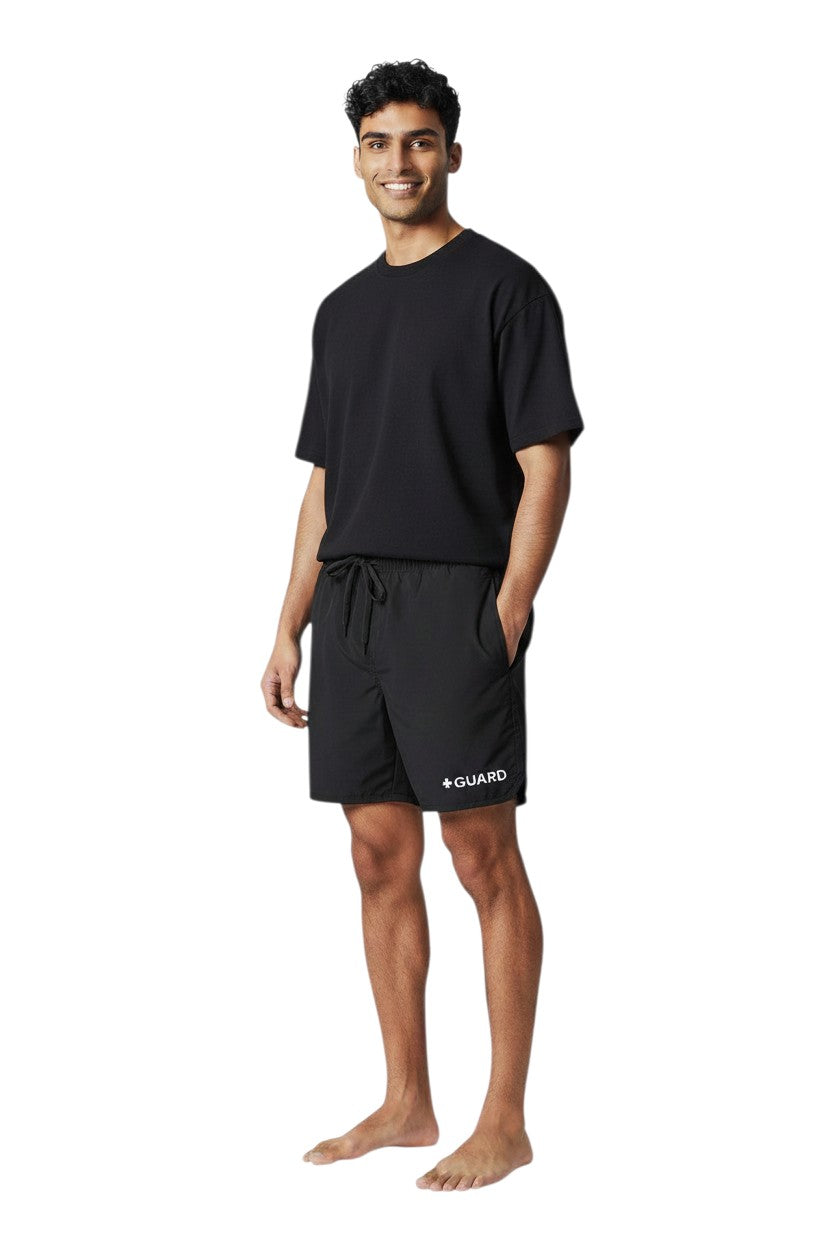 The Lifeguard Store Kiefer Men's black 5" guard shorts with liner, drawstring waist, and white GUARD logo.