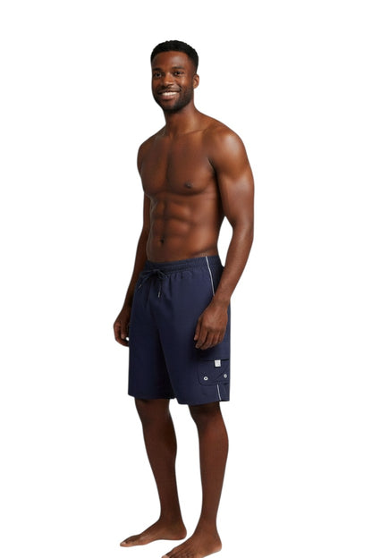 The Lifeguard Store Kiefer Men's solid navy board shorts with white piping, cargo pocket, and drawstring.