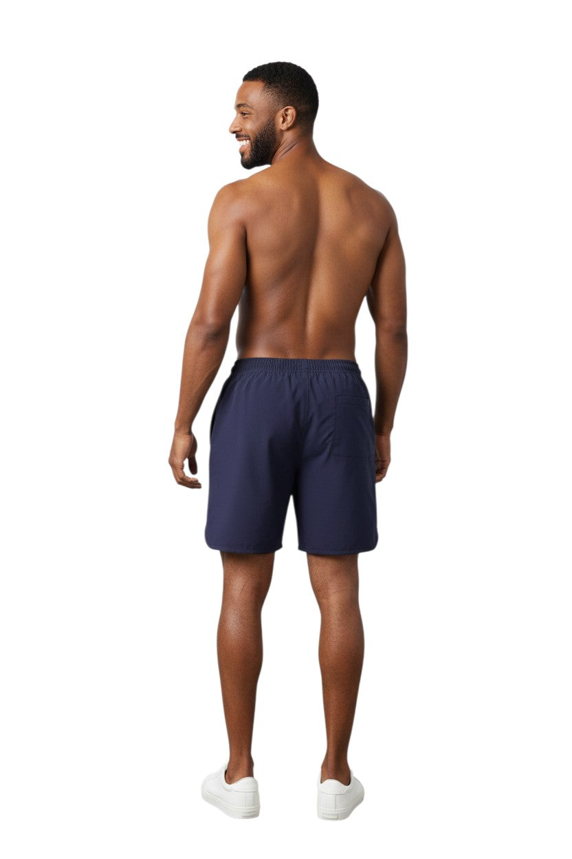 The Lifeguard Store Kiefer Men's navy blue 5" shorts with elastic waistband and drawstring. Quick-dry, 4-way stretch fabric.
