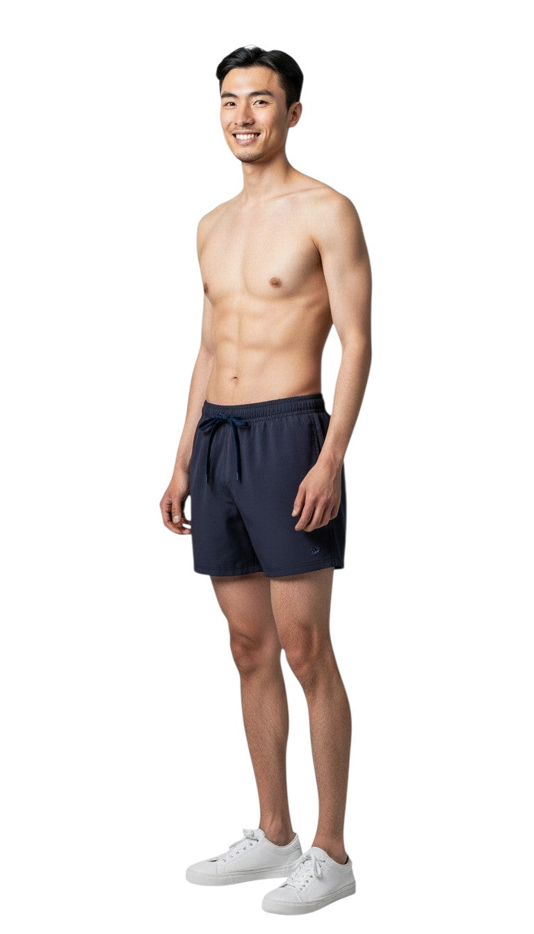 The Lifeguard Store Kiefer men's navy blue 5" inseam polyester lifeguard shorts with liner and drawstring.