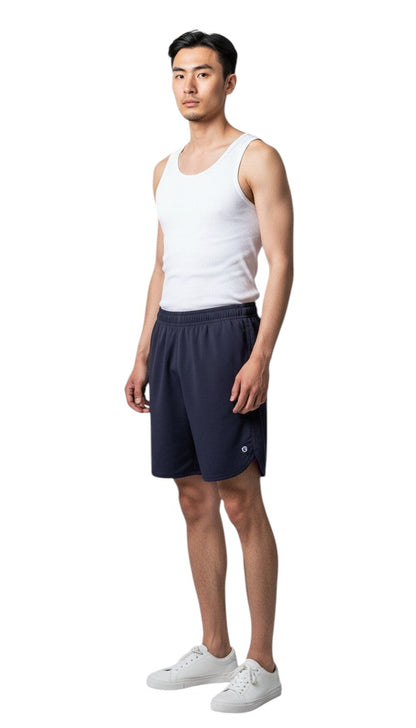 The Lifeguard Store Kiefer Men's navy blue 5" inseam shorts with liner, quick-dry fabric, UPF30+ protection, and drawstring.