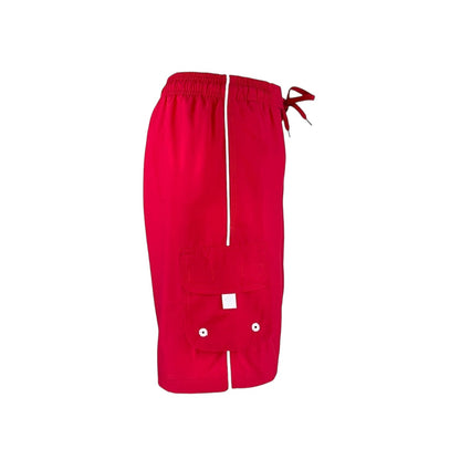 The Lifeguard Store Kiefer Men's Solid Red Polyester Board Shorts with elastic waistband, drawstring, and cargo pocket. 7" inseam.