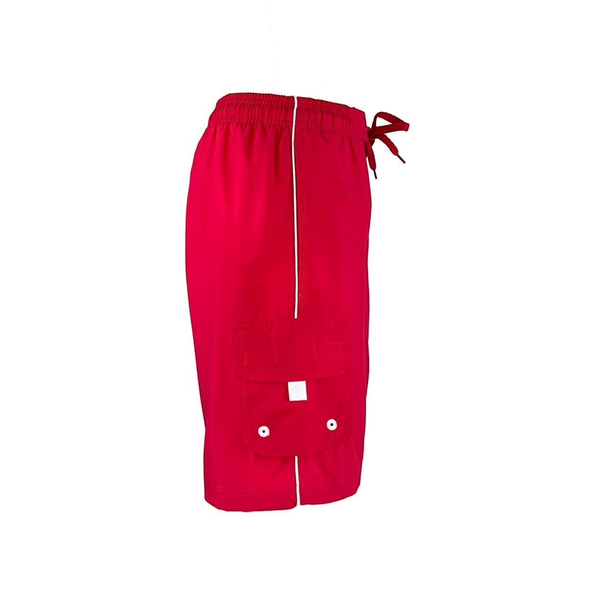The Lifeguard Store Kiefer Men's Solid Red Polyester Board Shorts with elastic waistband, drawstring, and cargo pocket. 7" inseam.
