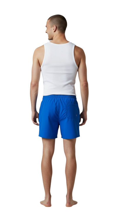 The Lifeguard Store Kiefer men's royal blue polyester lifeguard shorts with liner and 5" inseam.