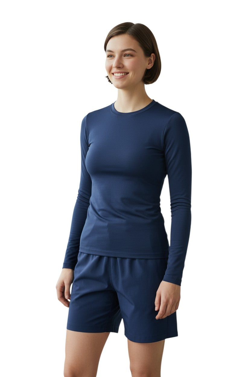 The Lifeguard Store Kiefer navy blue long sleeve crewneck rashguard made of polyester and spandex with UPF50+ UV protection.