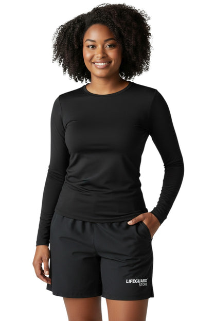 The Lifeguard Store Kiefer Solid Long Sleeve Crewneck Rashguard in black, made of 91% polyester and 9% spandex with UPF50+ UV protection.